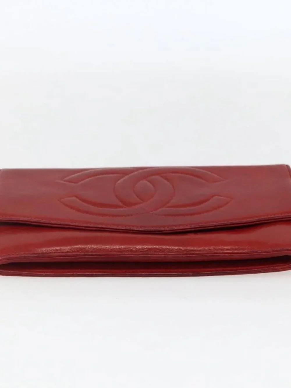 CHANEL Long Wallet Grained Calf Skin Red Gold CC Auth 166826